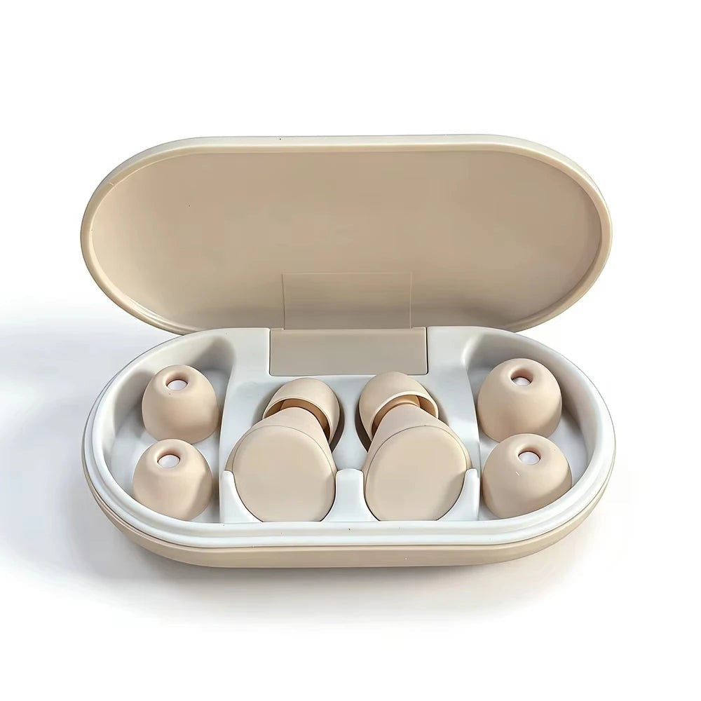 EAR PLUGSH Bouchons d'oreilles ergonomiques en silicone beige avec design en anneau, pour sommeil et natation. Boîtier inclus.