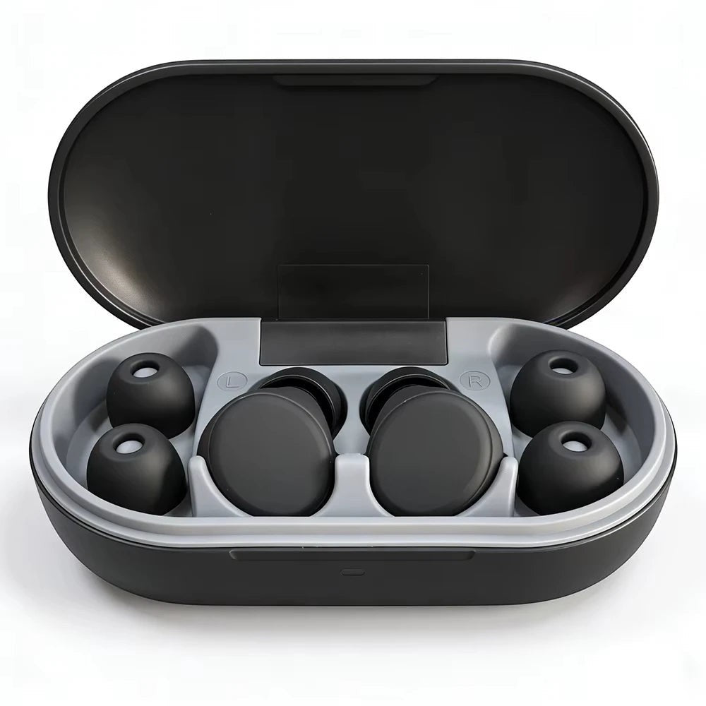 EAR PLUGSH Bouchons d'oreilles ergonomiques en silicone noir avec anneau, pour sommeil et natation. Boîtier inclus.
