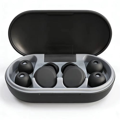 EAR PLUGSH Bouchons d'oreilles ergonomiques en silicone noir avec anneau, pour sommeil et natation. Boîtier inclus.
