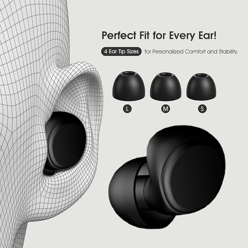 Bouchons d'oreilles ergonomiques en silicone noir avec design en anneau pour sommeil et natation. Tailles L, M, S incluses.