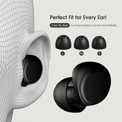 Bouchons d'oreilles ergonomiques en silicone noir avec design en anneau pour sommeil et natation. Tailles L, M, S incluses.